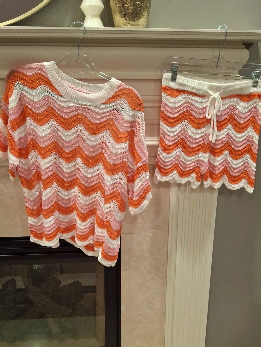 Striped Crochet Knit Two-Piece Set in Orange, Pink & White